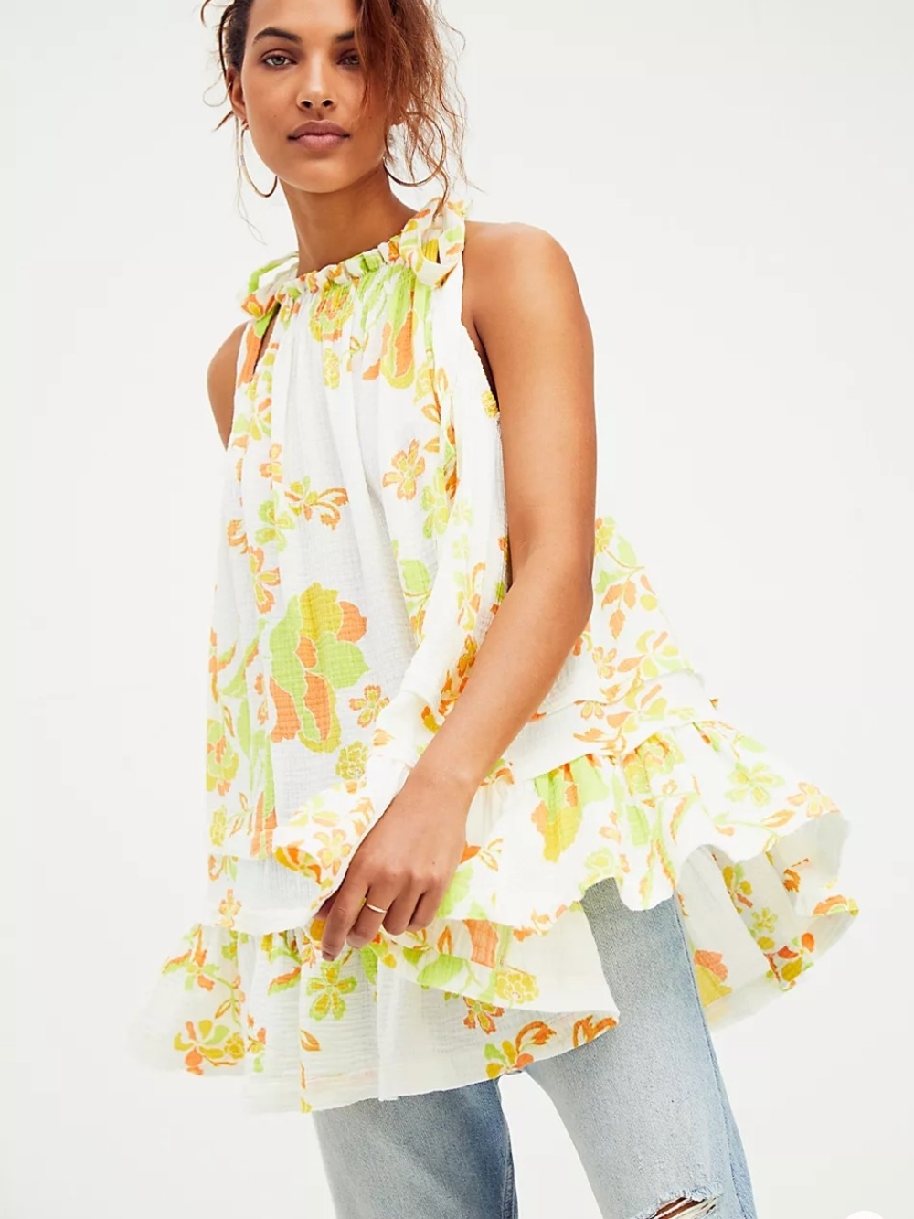 Free People Fleur Printed Tunic Tie Strap Babydoll Ruffle Meeting Floral Summer